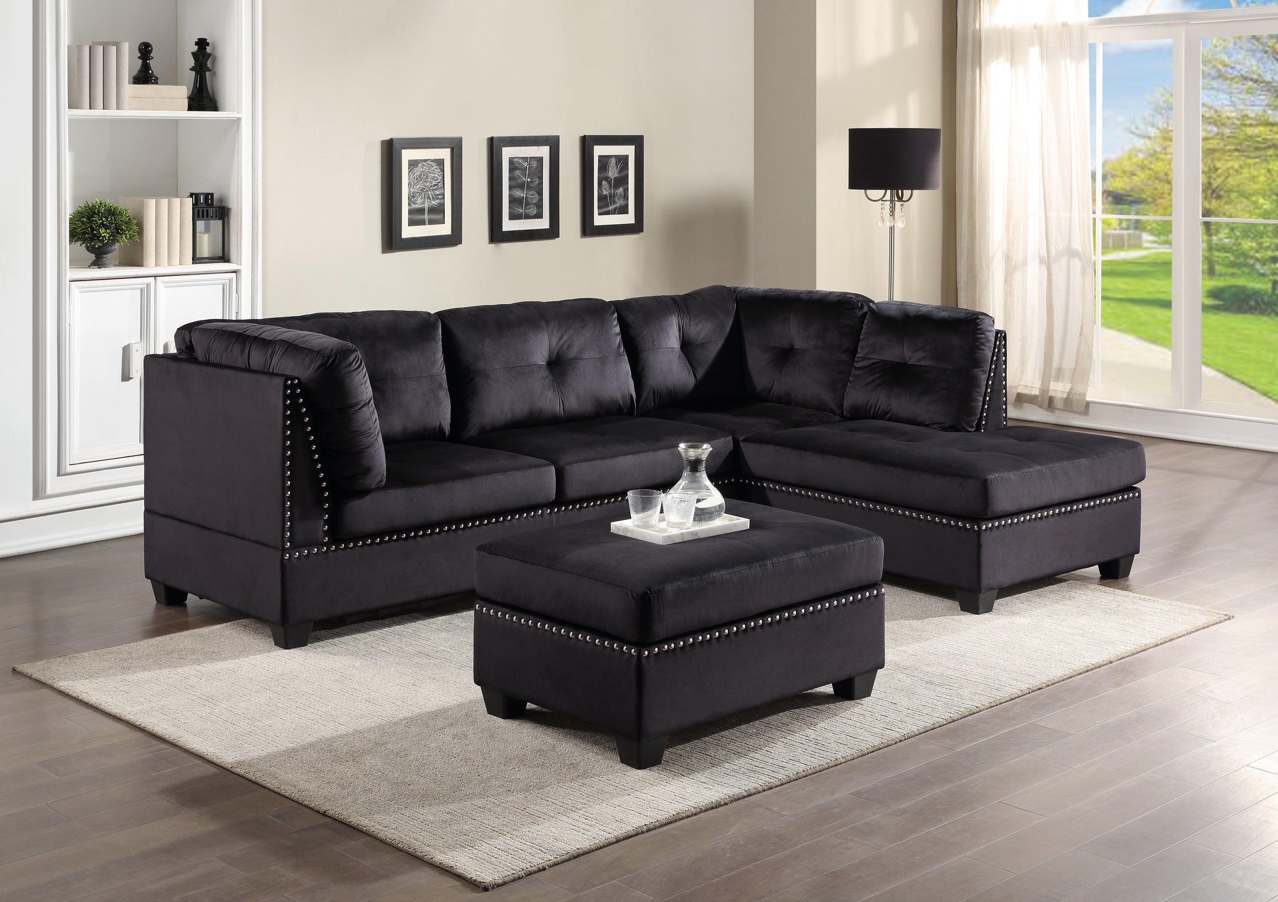 Durable, Ottoman, Living Room Sofa Set, Velvet Color: Black