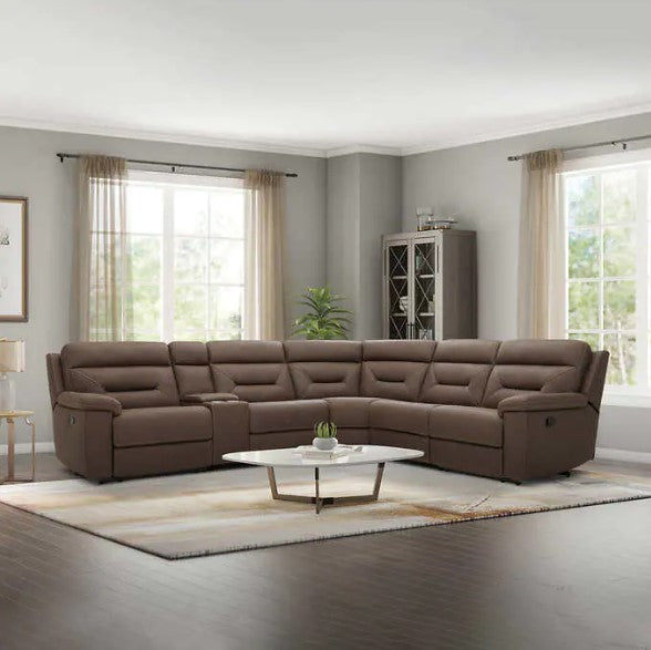 Fletcher 6-piece Fabric Reclining Sectional, Brown, 3 seats that recline, 110V and USB power outlets, Easy Clean