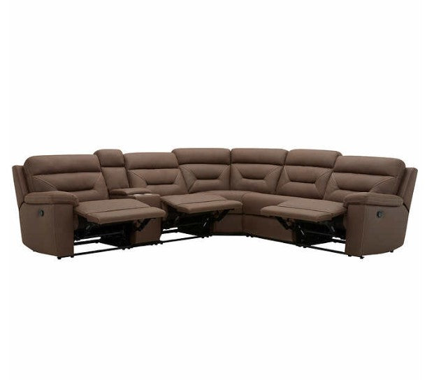 Fletcher 6-piece Fabric Reclining Sectional, Brown, 3 seats that recline, 110V and USB power outlets, Easy Clean