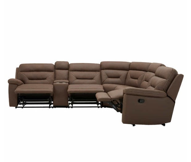 Fletcher 6-piece Fabric Reclining Sectional, Brown, 3 seats that recline, 110V and USB power outlets, Easy Clean