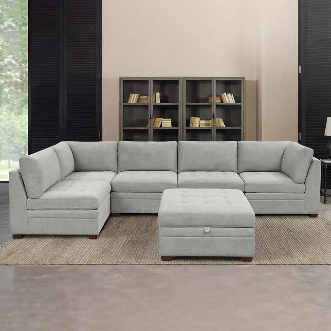 Thomasville Tisdale Modular Fabric Sectional with Storage Ottoman, Light Gray