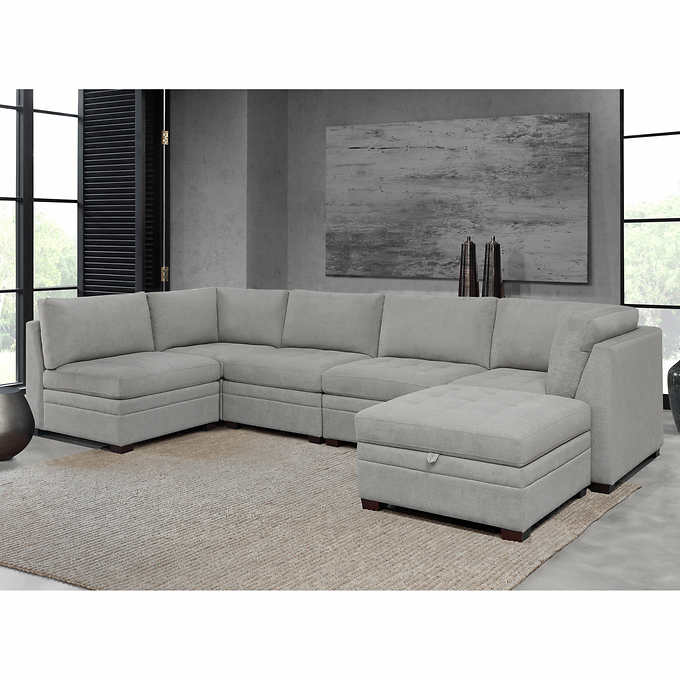 Thomasville Tisdale Modular Fabric Sectional with Storage Ottoman, Light Gray