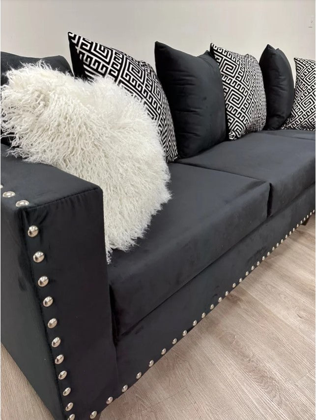 L-Shaped Sectional covered in Black Velvet with Silver nail heads