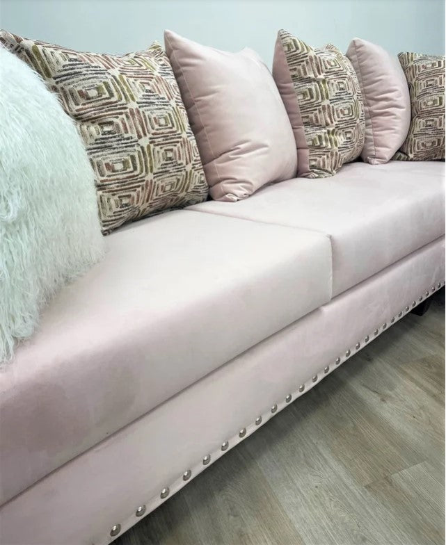 L-Shaped Sectional covered in Pink Velvet Suede with Silver nail heads