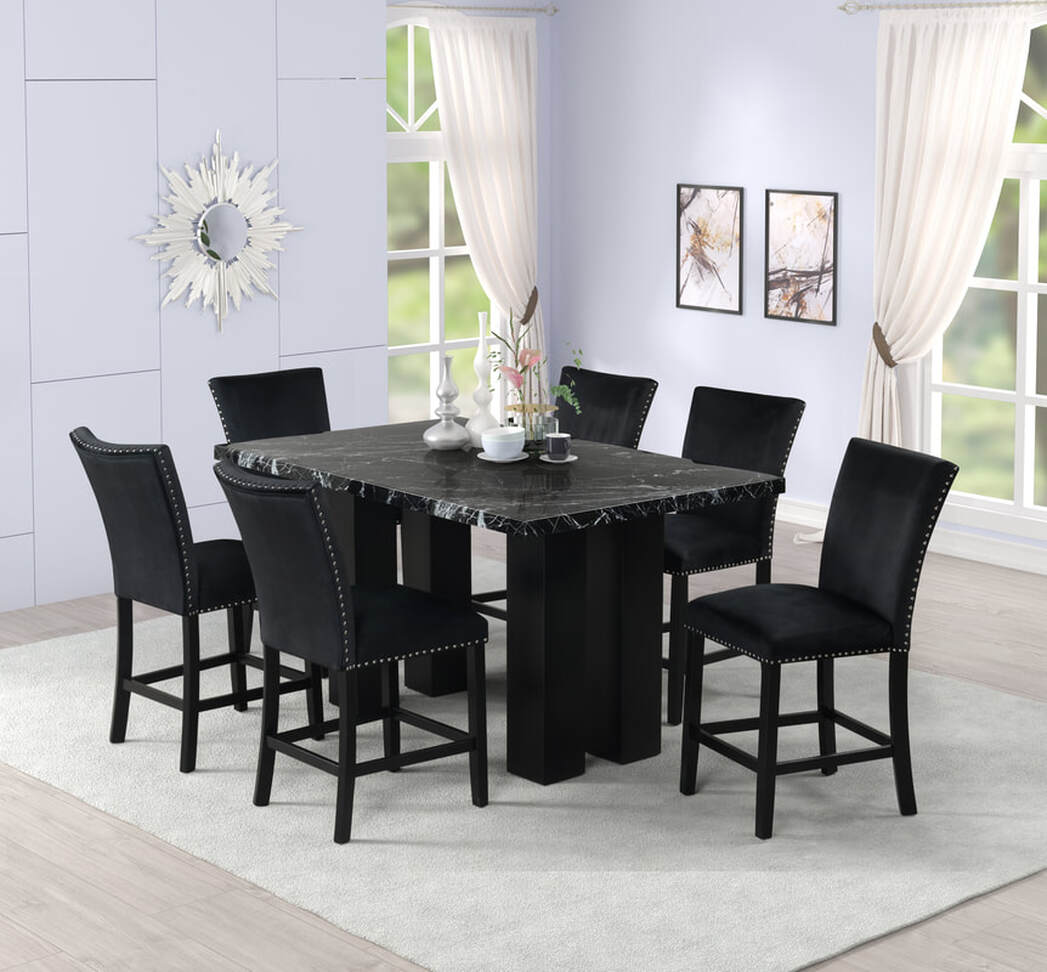 MARBLE Counter Height Table + 6 Chair Set Stockholm Onyx, Velvet Upholstered Chairs