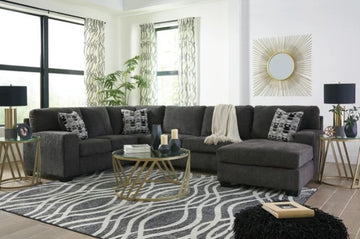 Ashley Sectional with Chaise (Smoke), Exposed feet with faux wood finish &  Polyester upholstery and pillows / PRE-ORDER