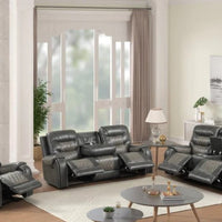 OVERSIZED 3PC 2Tone Gray Reclining Set, ( Sofa w/ Drop Down Table with Cupholders & Power Box - Loveseat with Storage Console - Chair with Glider)