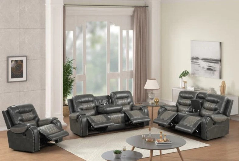 OVERSIZED 3PC 2Tone Gray Reclining Set, ( Sofa w/ Drop Down Table with Cupholders & Power Box - Loveseat with Storage Console - Chair with Glider)