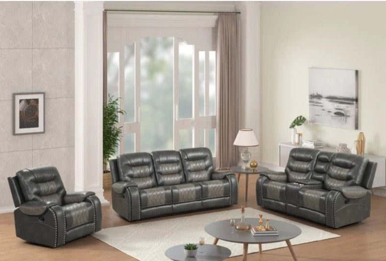 OVERSIZED 3PC 2Tone Gray Reclining Set, ( Sofa w/ Drop Down Table with Cupholders & Power Box - Loveseat with Storage Console - Chair with Glider)