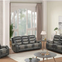 OVERSIZED 3PC 2Tone Gray Reclining Set, ( Sofa w/ Drop Down Table with Cupholders & Power Box - Loveseat with Storage Console - Chair with Glider)