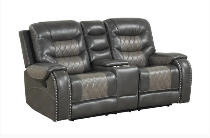 OVERSIZED 3PC 2Tone Gray Reclining Set, ( Sofa w/ Drop Down Table with Cupholders & Power Box - Loveseat with Storage Console - Chair with Glider)