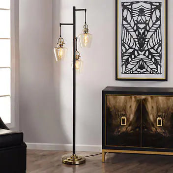 Basia 3-Light Floor Lamp, Base Color: Gold, Nickel or black with Antique Brass accents, 3 LED Edison Bulbs & 4-way Column Switch