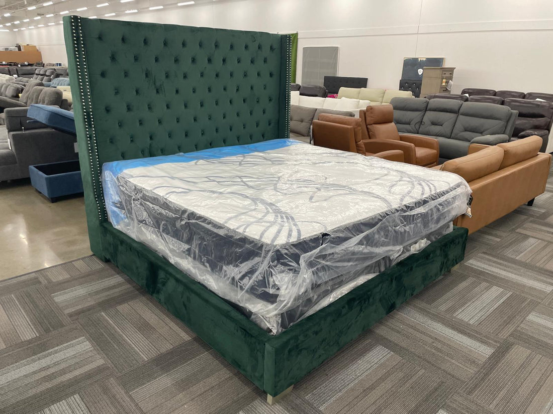 GREEN VELVET KING UPHOLSTERED BED (Mattress Sold Separately)