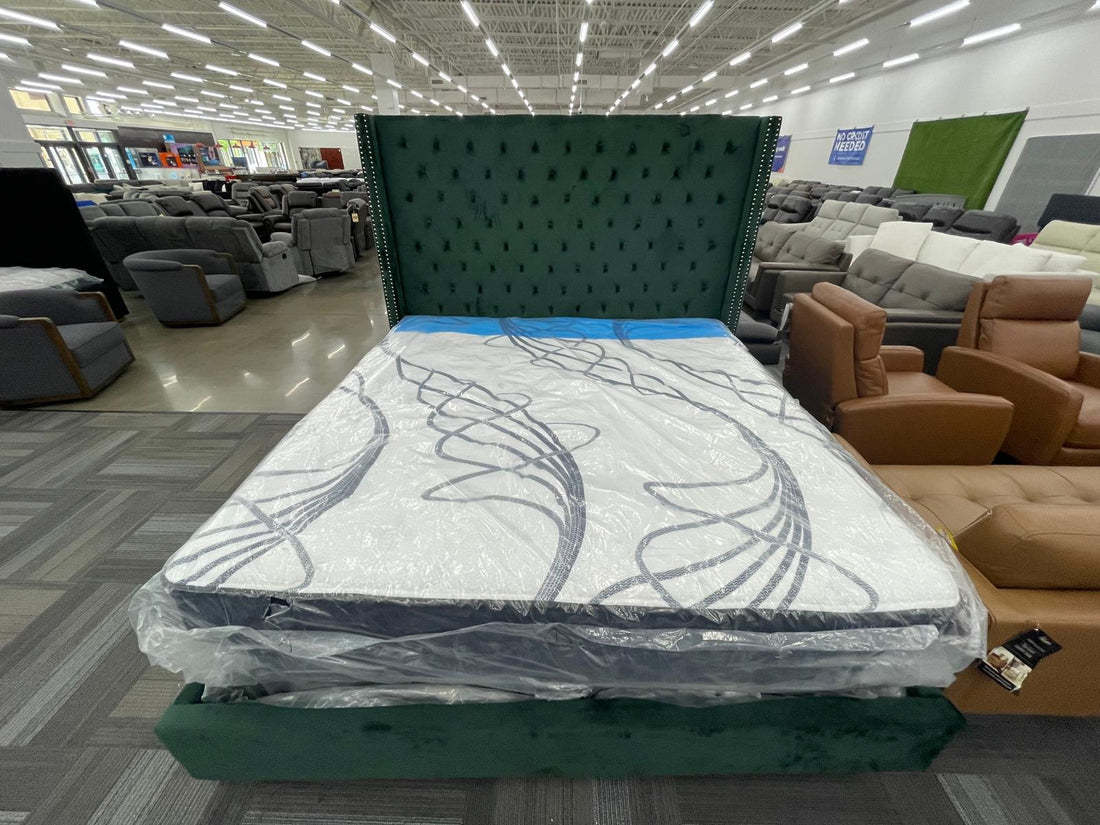 GREEN VELVET KING UPHOLSTERED BED (Mattress Sold Separately)