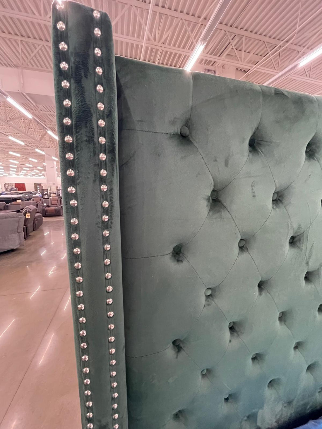 GREEN VELVET KING UPHOLSTERED BED (Mattress Sold Separately)