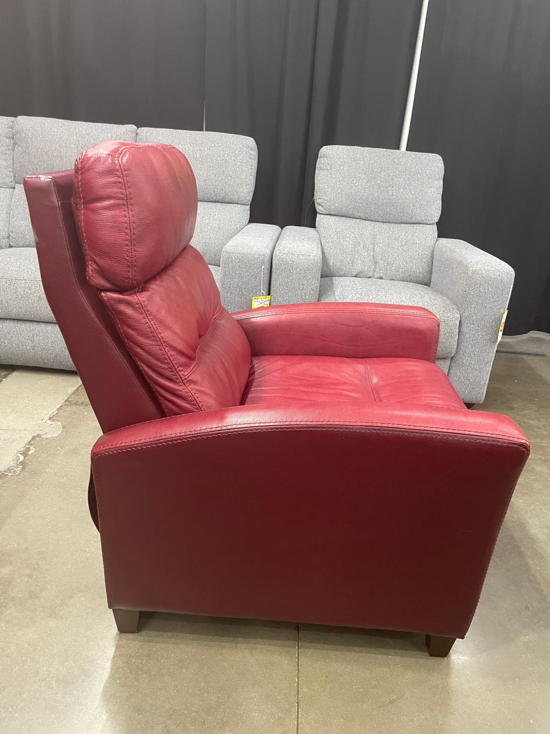 Synergy Red Leather Manuel Push-Back Reclining Living Room Chair, Exposed feet with faux wood finish