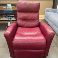 Synergy Red Leather Manuel Push-Back Reclining Living Room Chair, Exposed feet with faux wood finish