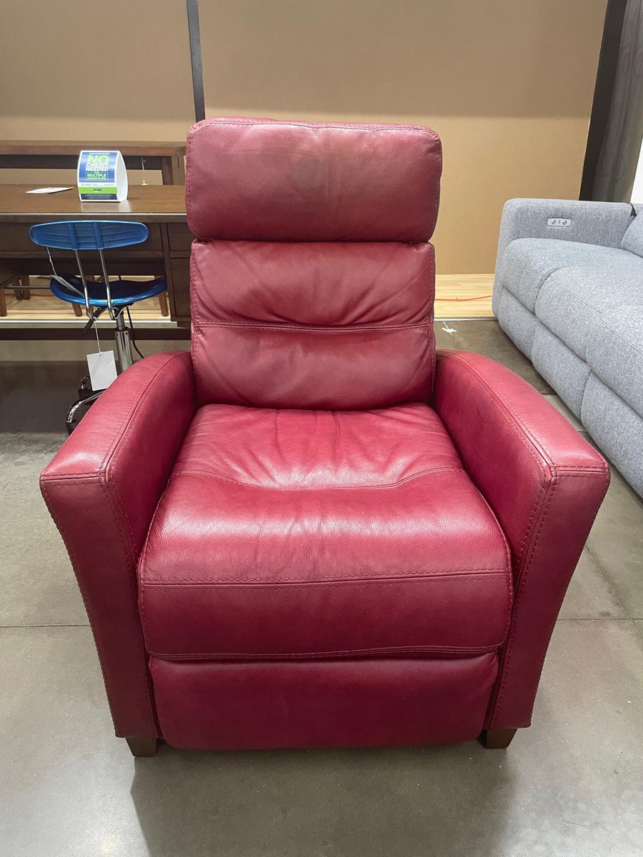 Synergy Red Leather Manuel Push-Back Reclining Living Room Chair, Exposed feet with faux wood finish