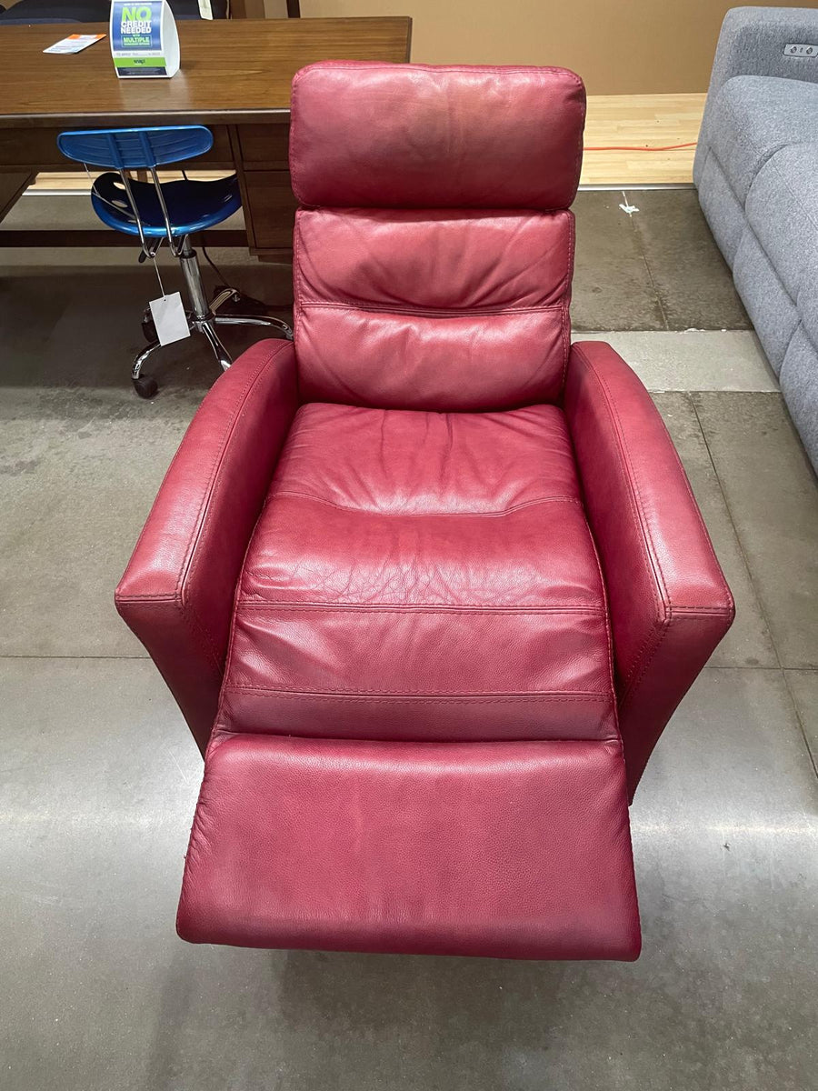 Synergy Red Leather Manuel Push-Back Reclining Living Room Chair, Exposed feet with faux wood finish