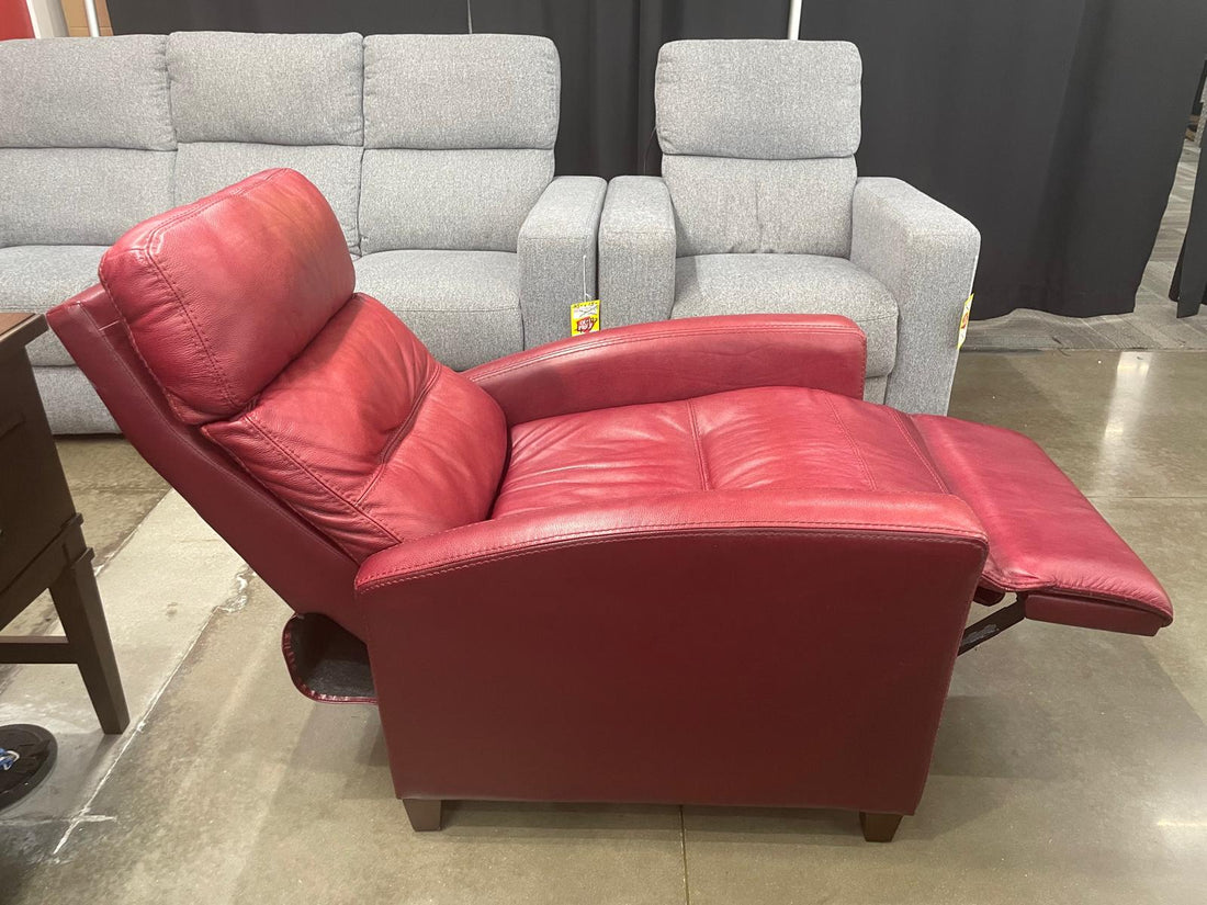 Synergy Red Leather Manuel Push-Back Reclining Living Room Chair, Exposed feet with faux wood finish