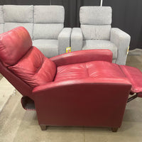 Synergy Red Leather Manuel Push-Back Reclining Living Room Chair, Exposed feet with faux wood finish