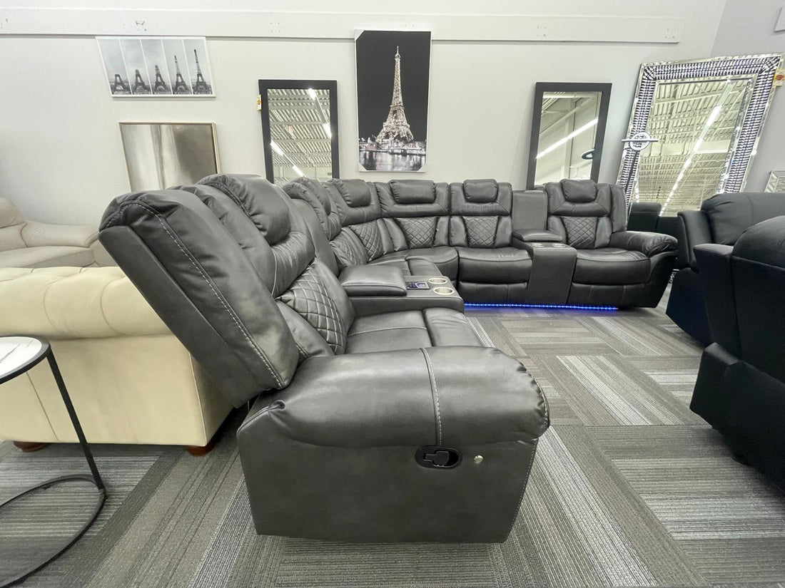 Gray Reclining Sectional, LED lights-Bluetooth Speaker. Charging Pad-2 Recliners