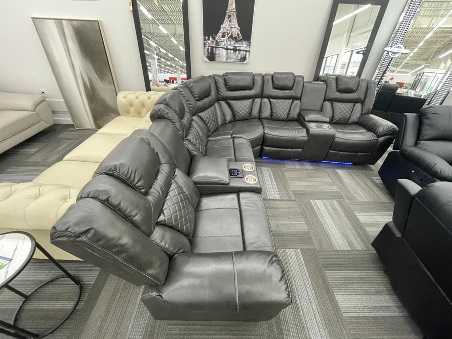 Gray Reclining Sectional, LED lights-Bluetooth Speaker. Charging Pad-2 Recliners