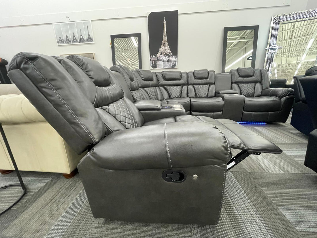 Gray Reclining Sectional, LED lights-Bluetooth Speaker. Charging Pad-2 Recliners