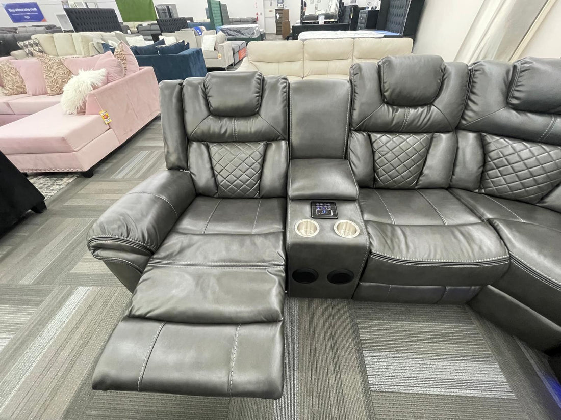 Gray Reclining Sectional, LED lights-Bluetooth Speaker. Charging Pad-2 Recliners