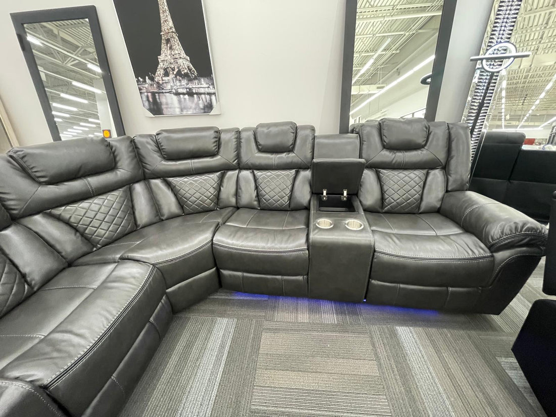 Gray Reclining Sectional, LED lights-Bluetooth Speaker. Charging Pad-2 Recliners