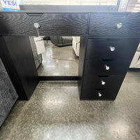 Black Vanity Mirror Set, Rectangular mirror with light bulbs lining the top and sides & Five drawers with silver knobs