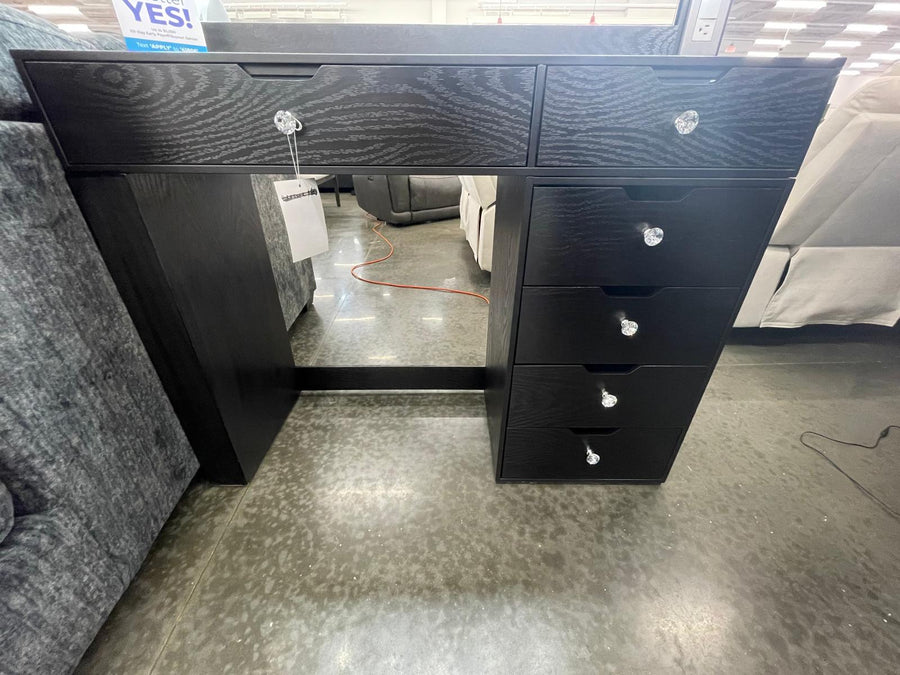 Black Vanity Mirror Set, Rectangular mirror with light bulbs lining the top and sides & Five drawers with silver knobs