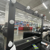 Black Vanity Mirror Set, Rectangular mirror with light bulbs lining the top and sides & Five drawers with silver knobs