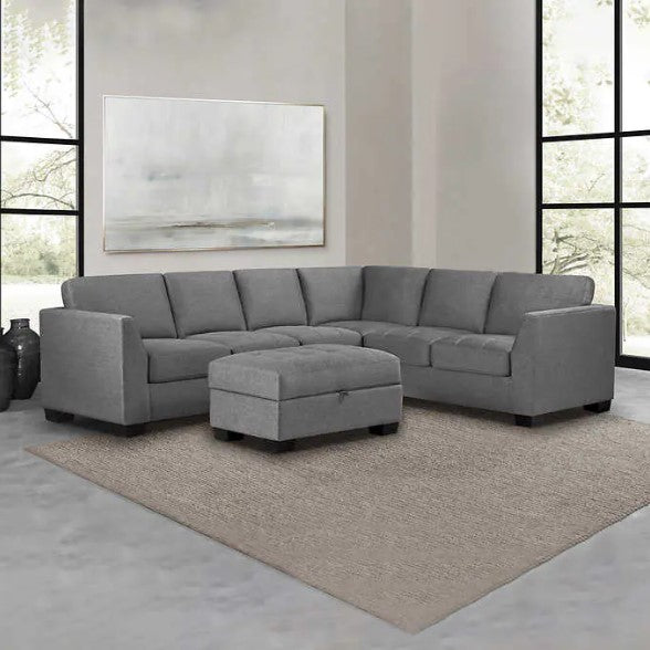 Thomasville Yvette Fabric Sectional with Storage Ottoman Gray, Solid Wood Legs with Walnut Brown Finish