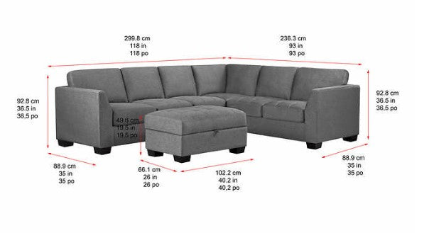 Thomasville Yvette Fabric Sectional with Storage Ottoman Gray, Solid Wood Legs with Walnut Brown Finish