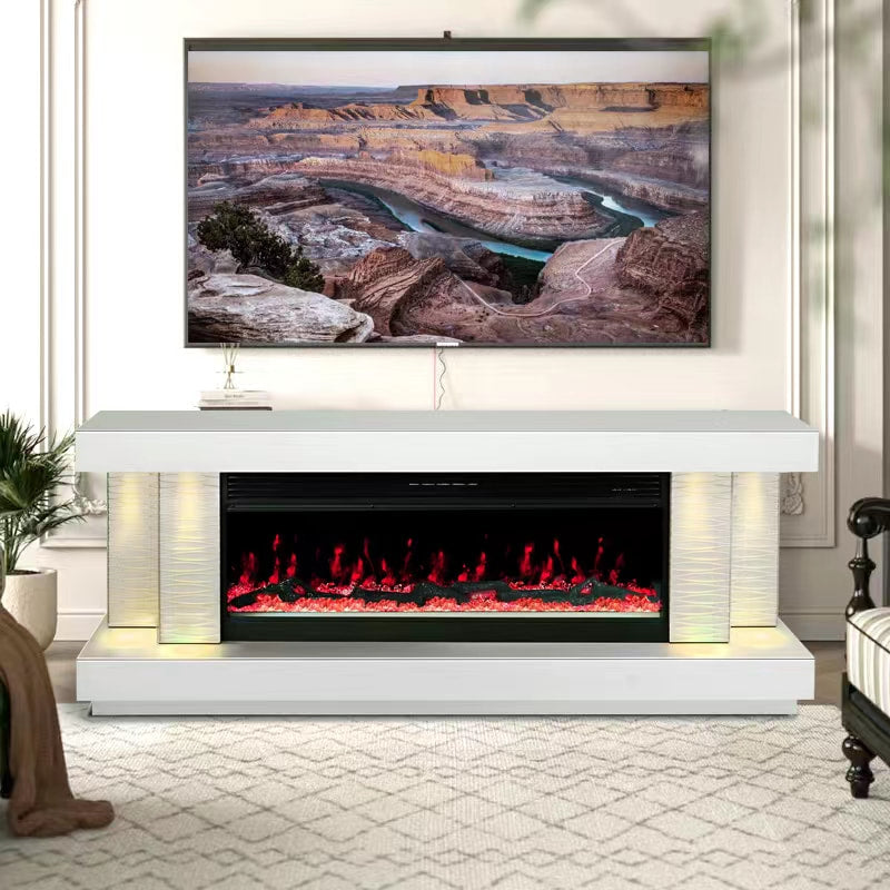 TV Stand with Electric Fireplace , Bluetooth Speaker and Multi Color /Dimmable Lights, Black/White