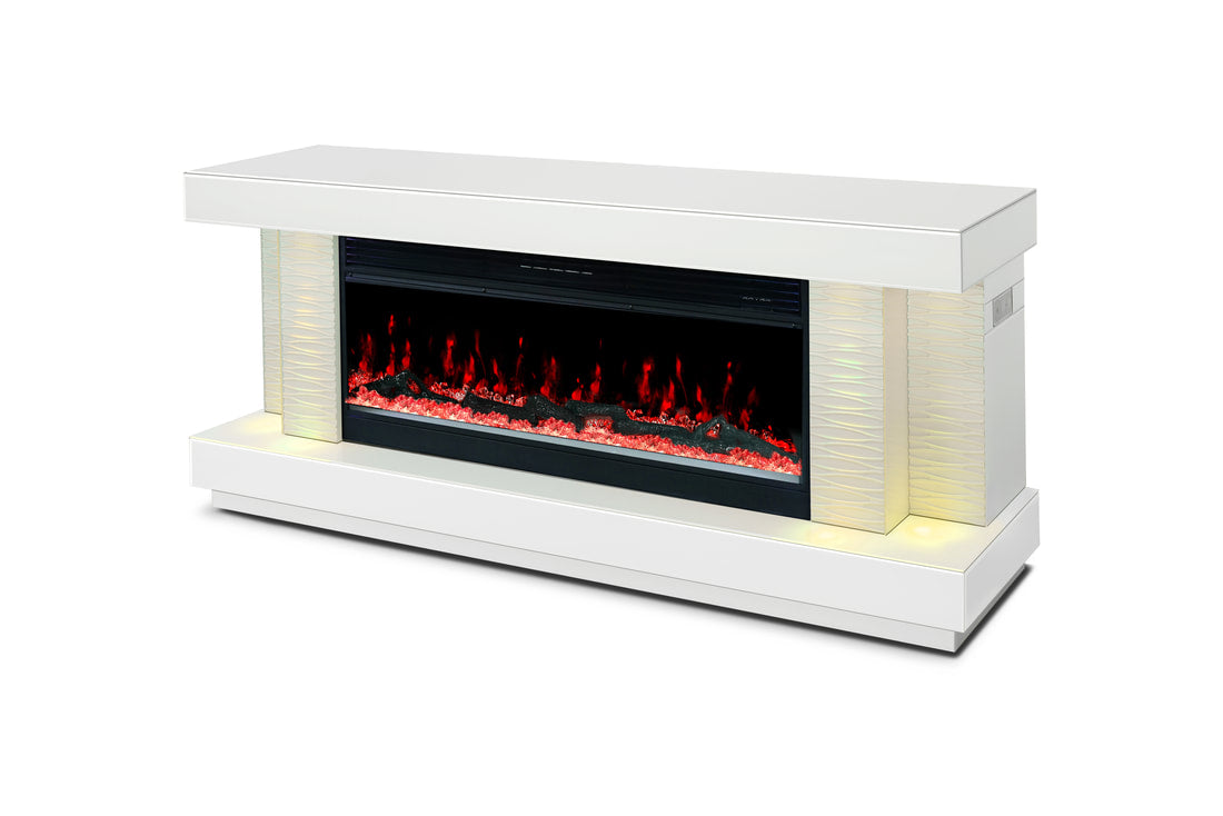 TV Stand with Electric Fireplace , Bluetooth Speaker and Multi Color /Dimmable Lights, Black/White