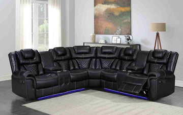 Black Leather Gel Reclining Sectional, LED lights-Bluetooth Speaker. Charging Pad-2 Recliners