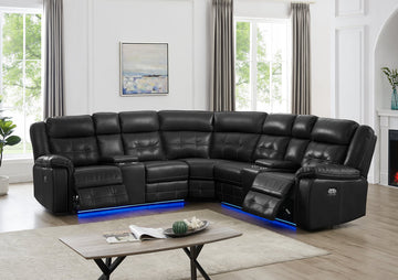 Black Power Reclining Sectional, LED lights, USB Chargers & 2 Recliners