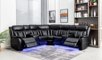 Batman Black/Espresso Power Reclining Sectional in Leather Gel, 2 power recliners, LED lights,  2 Storage Consoles w/Cupholders, PRE-ORDER(Espresso)