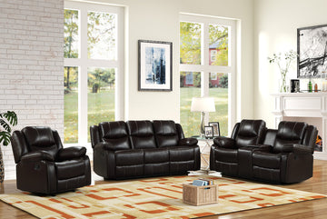 Carter Brown - 3PC Reclining Set, Leather Gel Black(Reclining Sofa with Drop Down Table-Reclining Loveseat with Console-Reclining Glider Chair) / PRE-ORDER