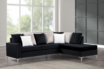 Cindy2 -Velvet Reversible Chaise Sectional, Fur Accent Pillows Included, Black / Neo Blue