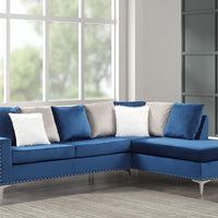 Cindy2 -Velvet Reversible Chaise Sectional, Fur Accent Pillows Included, Black / Neo Blue