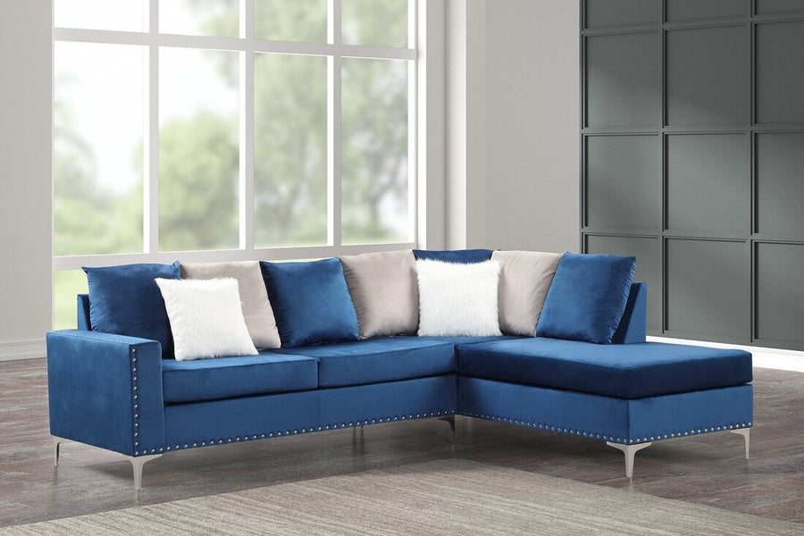 Cindy2 -Neo Blue Velvet Reversible Chaise Sectional, Fur Accent Pillows Included