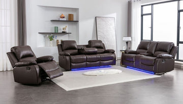 DAYTONA BROWN RECLINING SET - 3 PC. - SOFA, LOVESEAT & RECLINER w/Built-in cup holders, storage compartments & led lights / PRE-ORDER