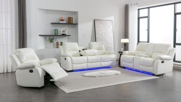 DAYTONA WHITE RECLINING SET - 3 PC. - SOFA, LOVESEAT & RECLINER w/Built-in cup holders, storage compartments & led lights / PRE-ORDER