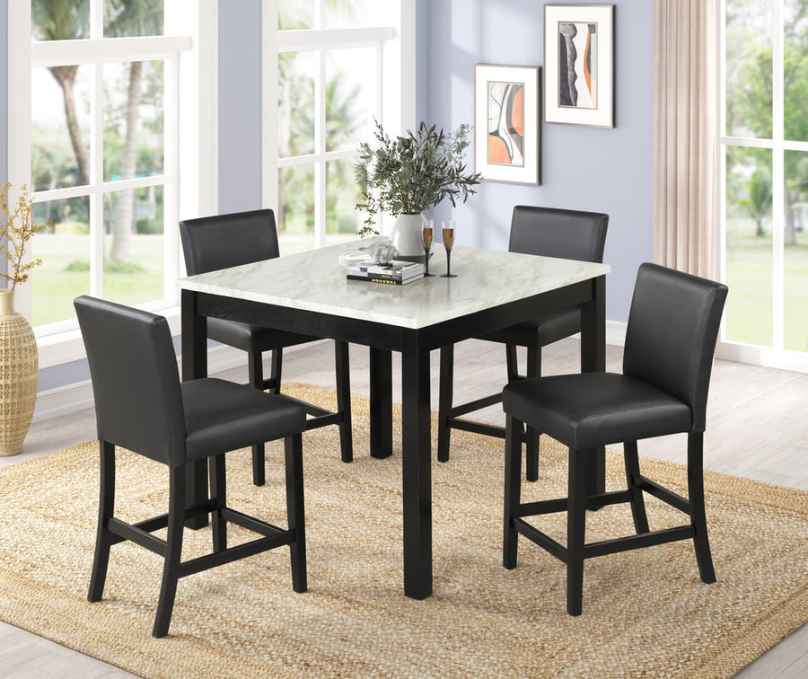 Dior 5PCS Counter Height Faux Marble Table & 4 Black Faux Leather Counter Height Chairs Dining Set