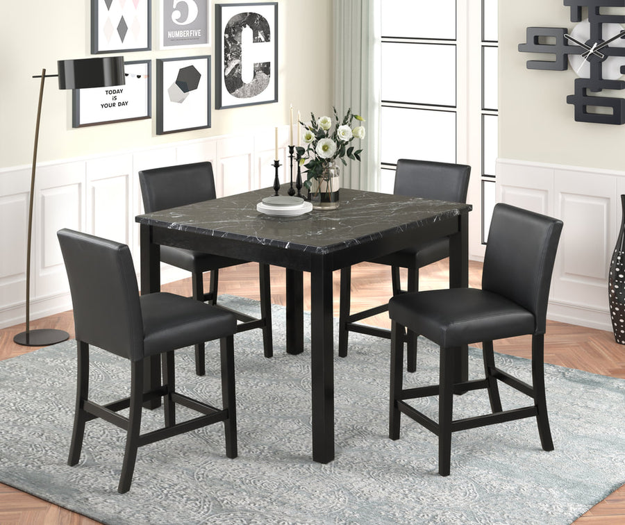 Dior 5PCS Counter Height Faux Marble Table & 4 Black Faux Leather Counter Height Chairs Dining Set