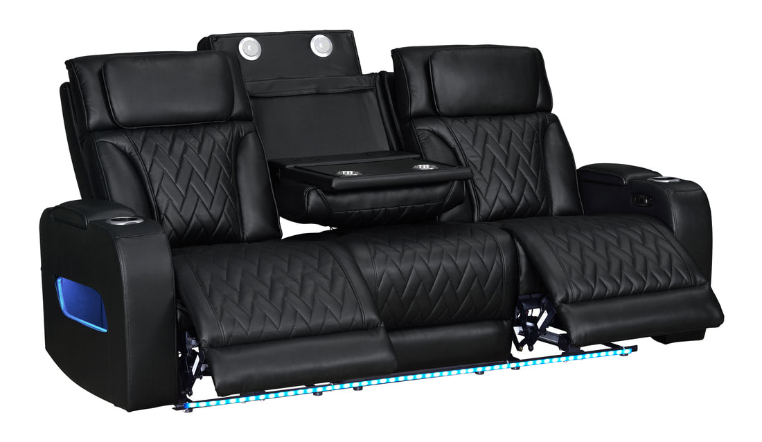 Dubai Sand/Black - 3PC Power Reclining Set-POWER RECLINING POWER HEADREST -HIDDEN STORAGE IN EACH ARM-LED LIGHTS, BLUETOOTH SPEAKER