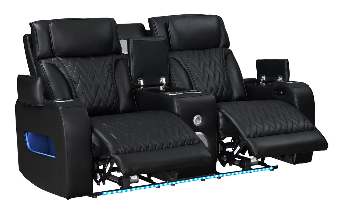 Dubai Sand/Black - 3PC Power Reclining Set-POWER RECLINING POWER HEADREST -HIDDEN STORAGE IN EACH ARM-LED LIGHTS, BLUETOOTH SPEAKER